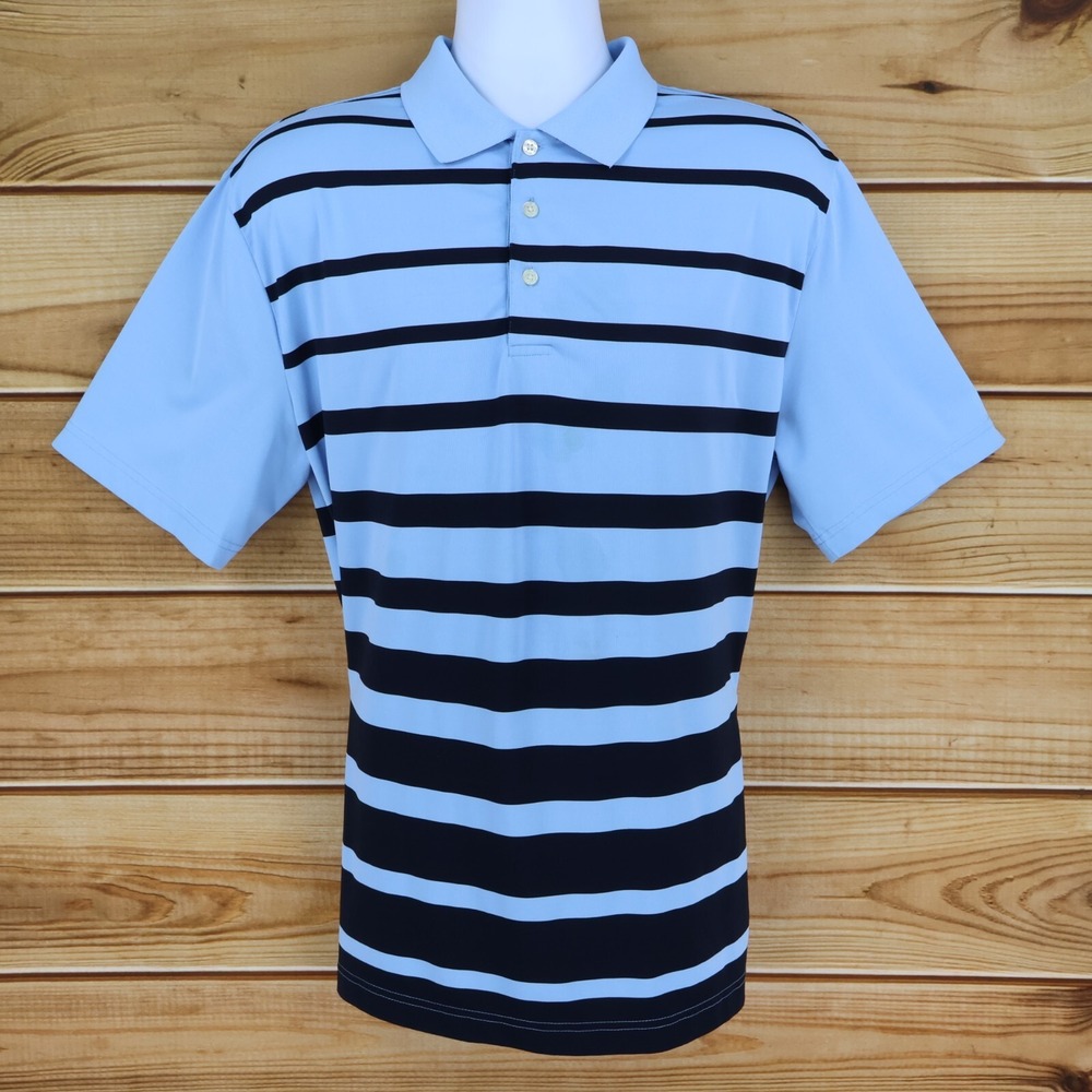 Chaps Polo Golf Shirt Mens Sz L Blue Striped Polyester Blend Stay-Dry Activewear